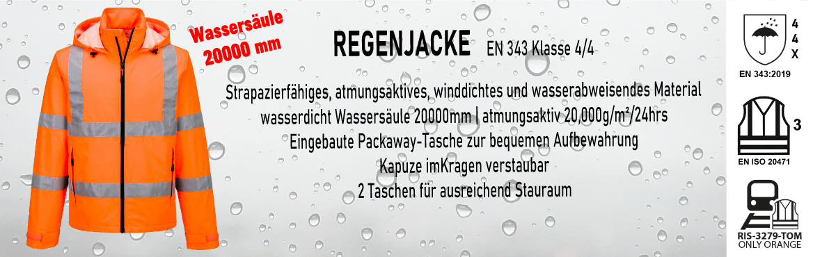 Hi-Vis Regenjacke EN ISO 20471 Klasse 3, EN 343 Klasse 4:4 X, orange